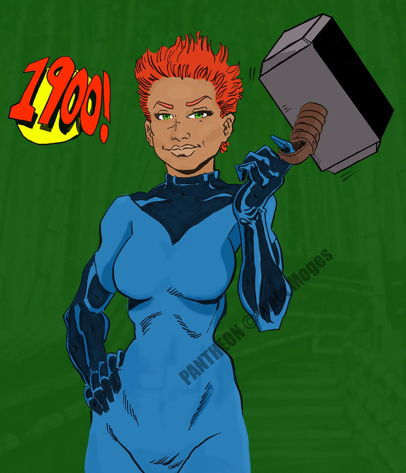 Kaeli holding a hammer in a retro-styled Pantheon illustration