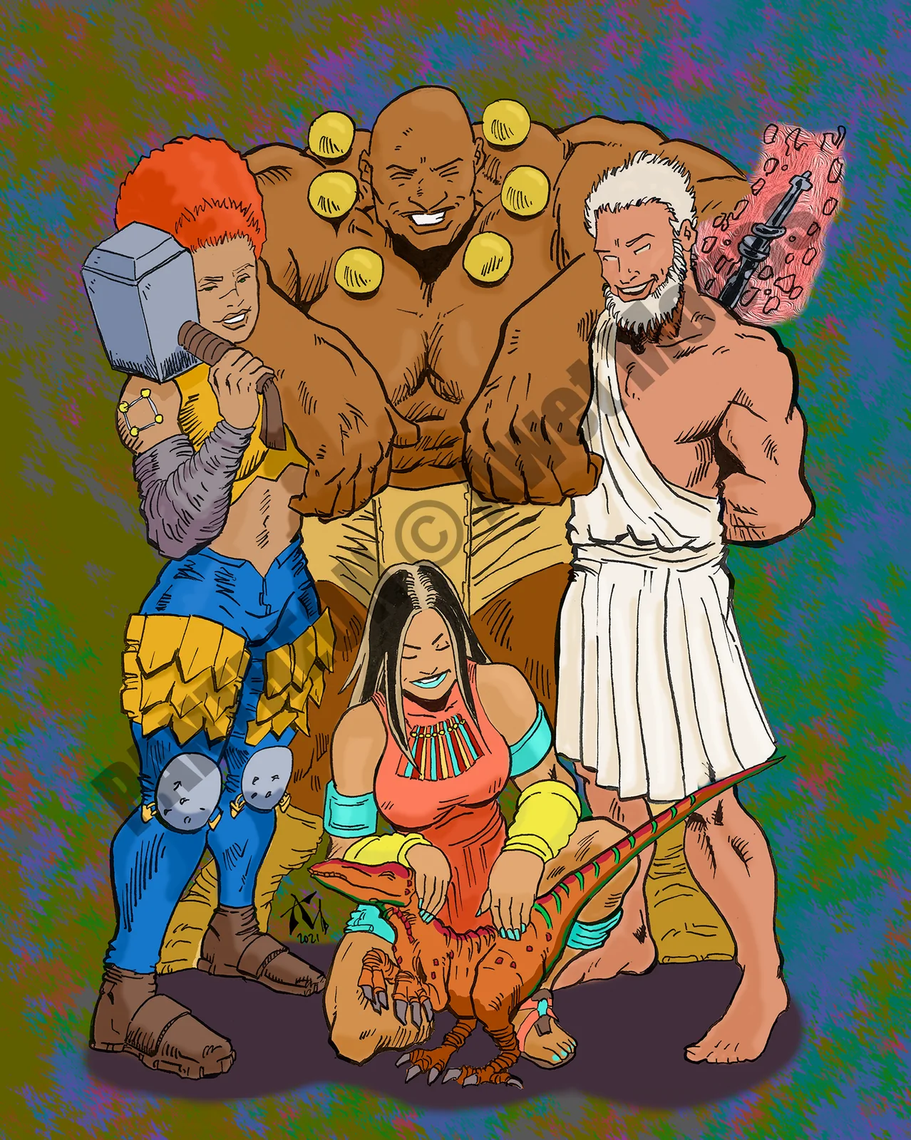 Team Pantheon posing with a small dinosaur